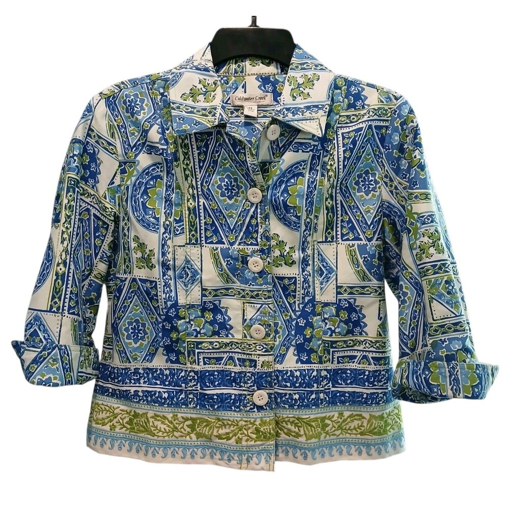 Coldwater Creek Blue White Green Cotton Jacket/Blazer Size Petite 8 Colorful Euc
